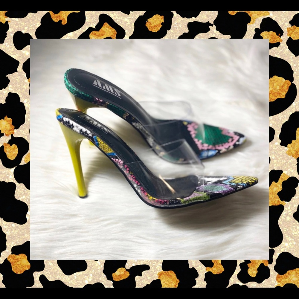 AMS Multicolor Snakeskin Clear Heels Size 7 - Picture 1 of 2